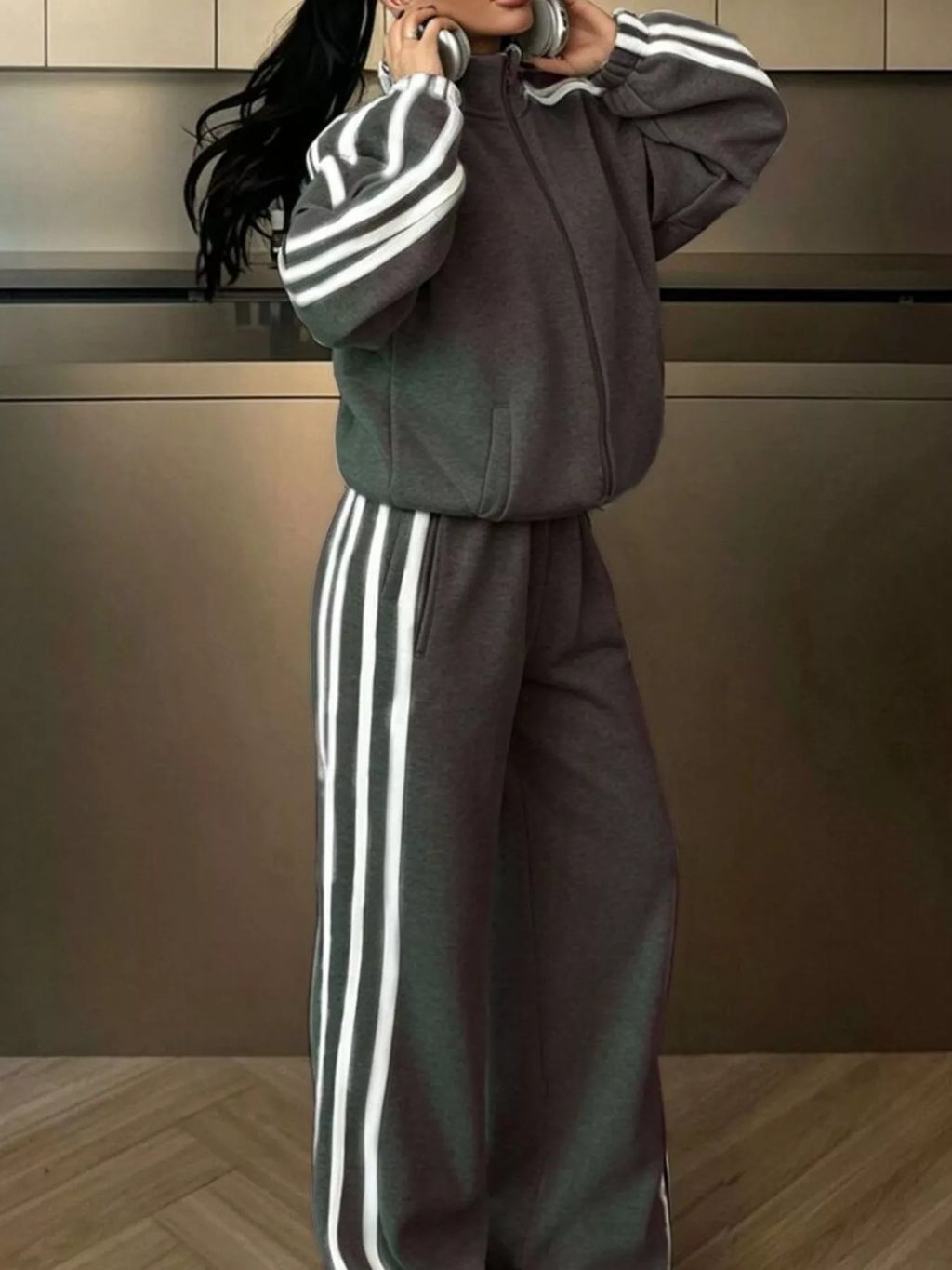 Side Stripes Zip Up Top and Pants Set - Lilixa.store