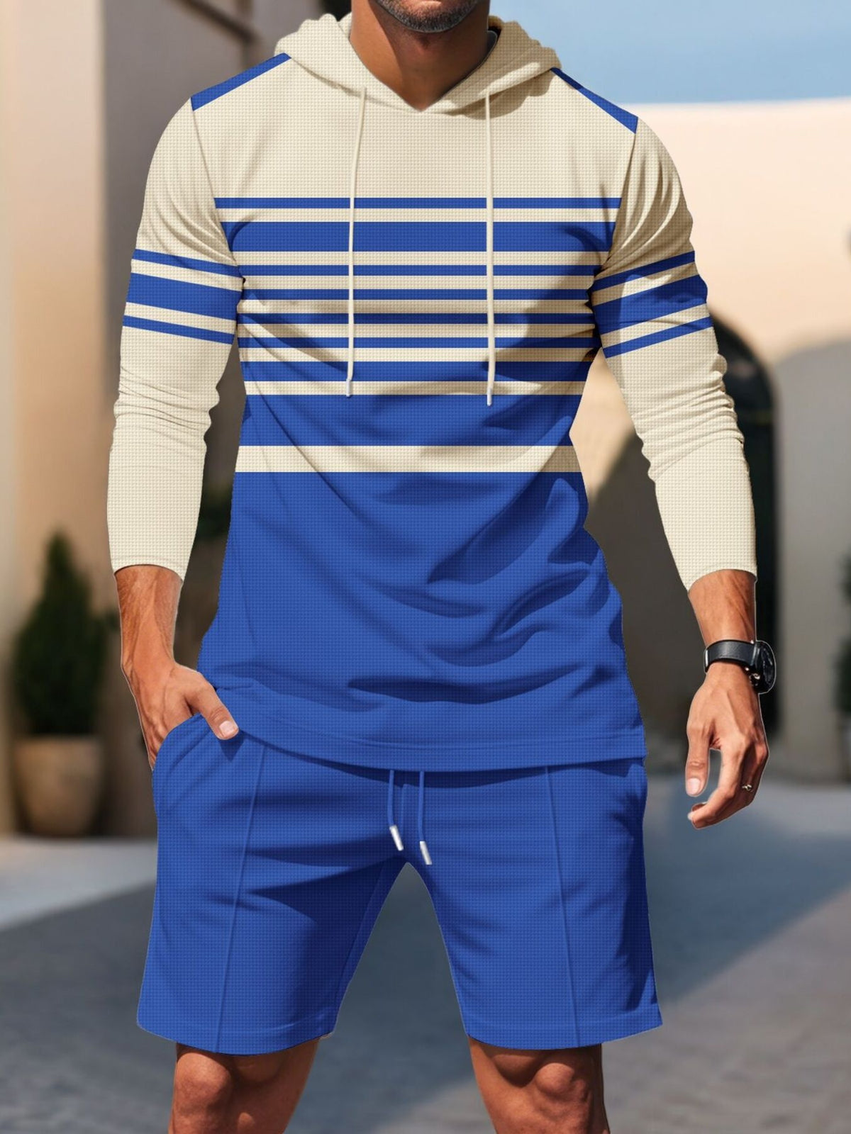 Men's Full Size Striped Hoodie & Shorts Casual Set Plus Size - Lilixa.store