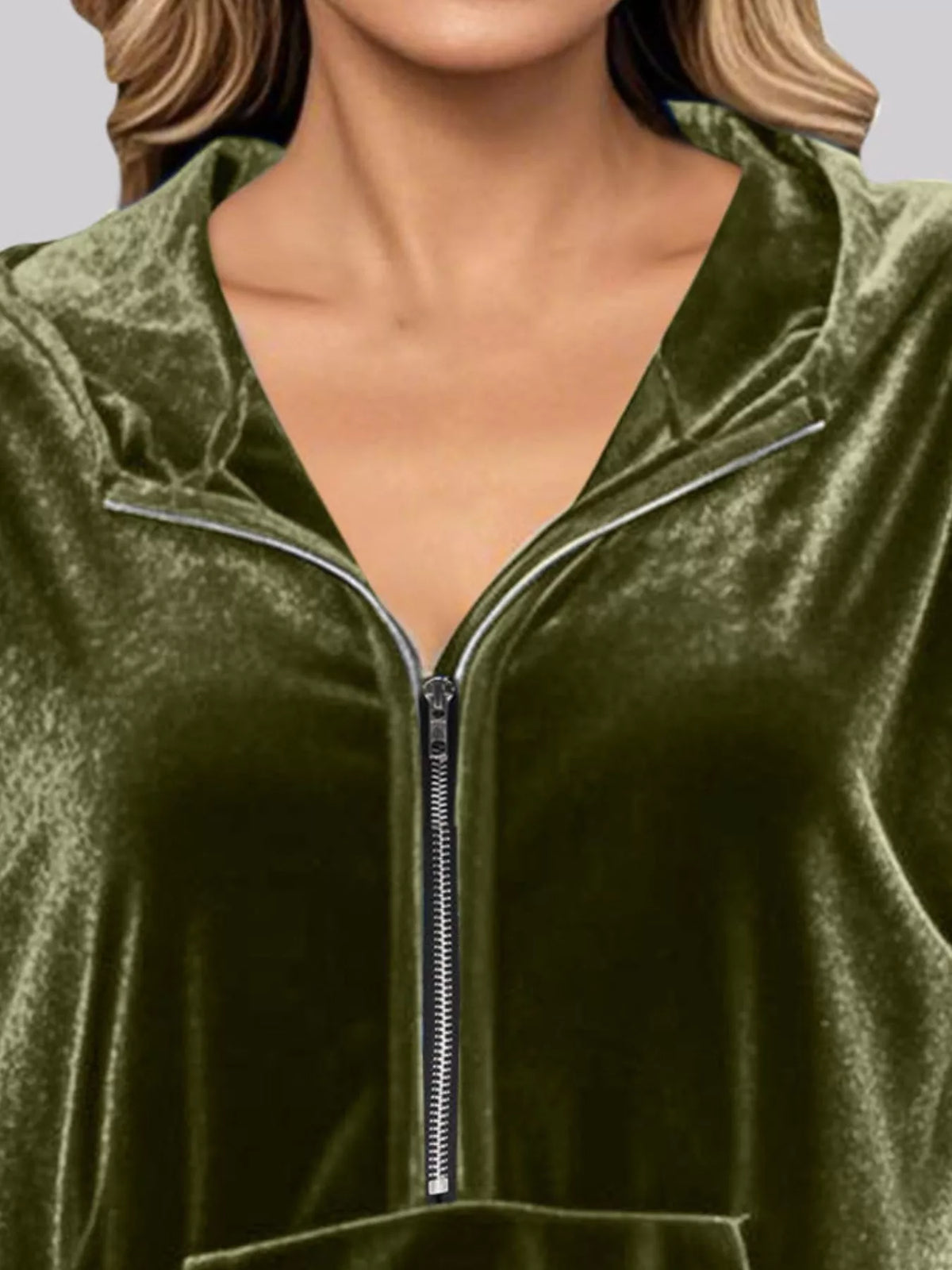 Full Size Velvet Half Zip Hoodie with Kangaroo Pocket Plus Size - Lilixa.store