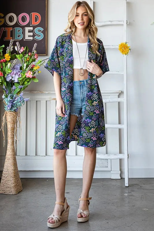 Heimish Full Size Half Sleeve Floral Open Cardigan Plus Size in Navy, view 13