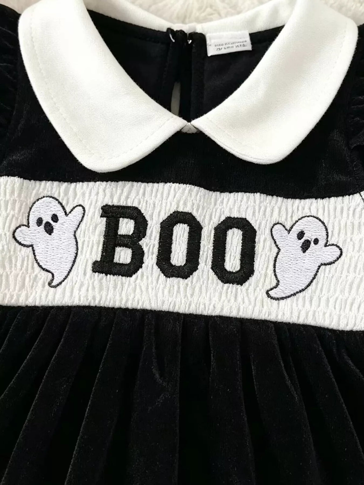 Children's Halloween 'BOO' Ghost Velvet Bodysuit Dress and Bow Headband Set - Lilixa.store