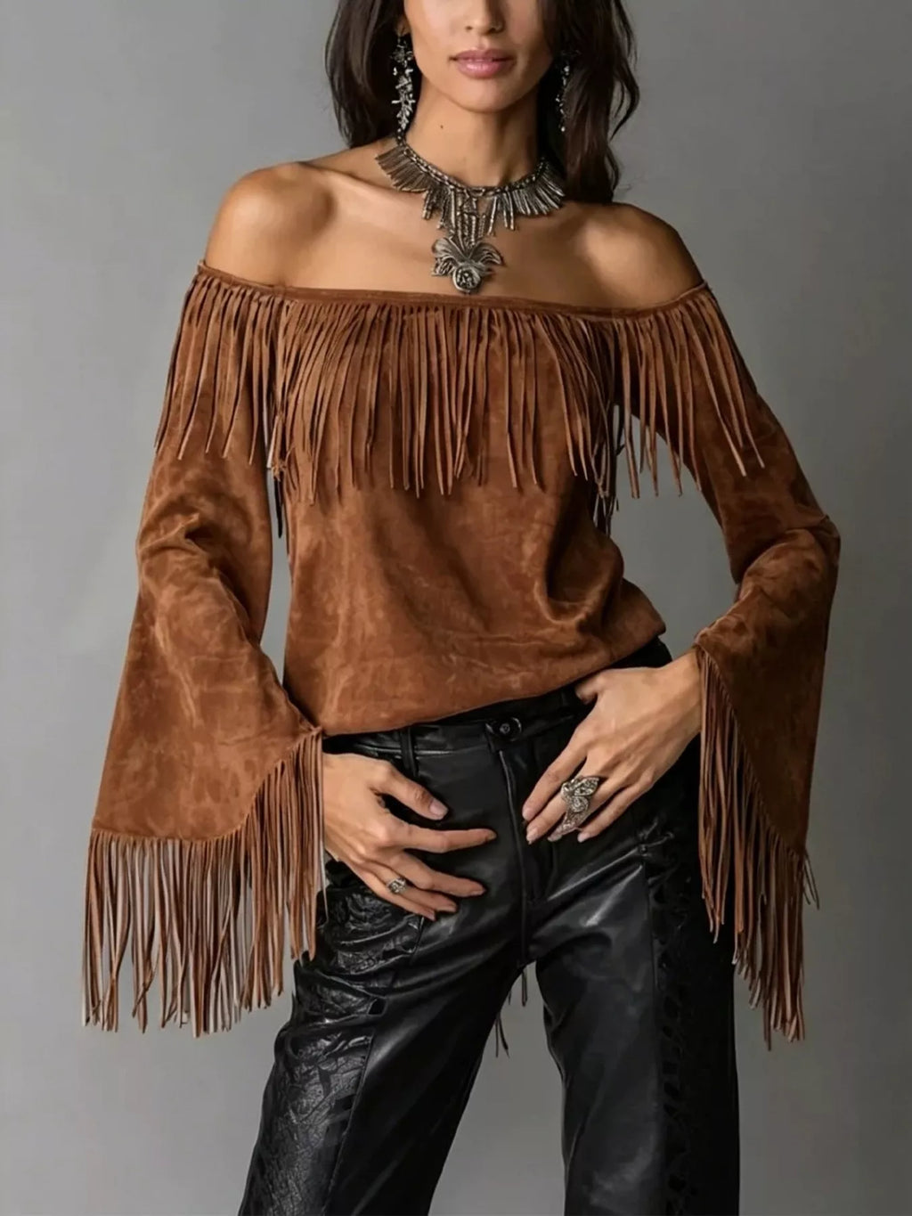 Full Size Fringed Off-Shoulder Flare Sleeve Top Plus Size - Lilixa.store