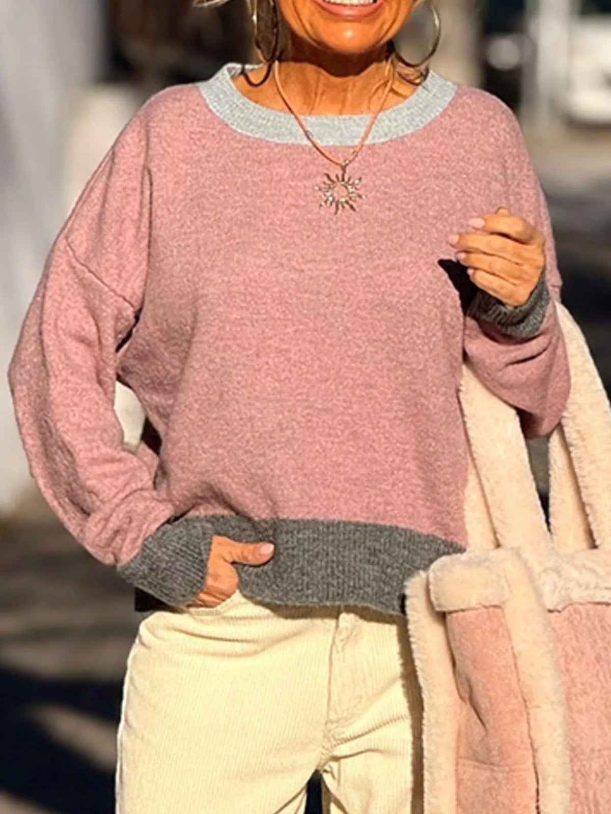 Contrast Trim Crew Neck Sweater - Lilixa.store