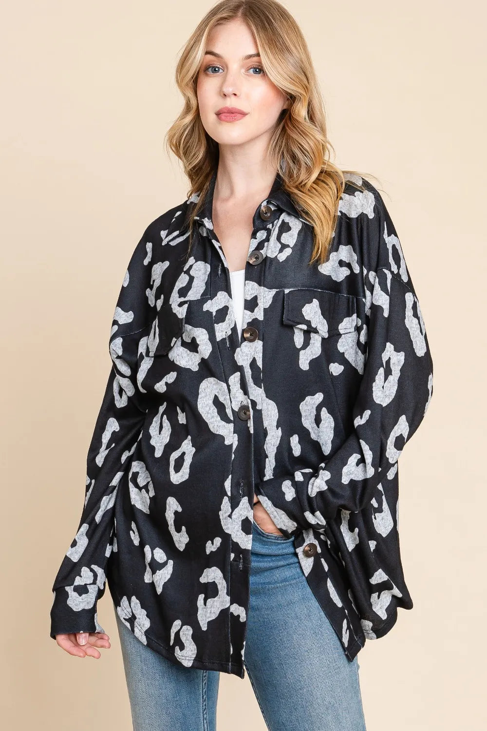 BOMBOM Animal Print Button Up Knit Shacket - Lilixa.store