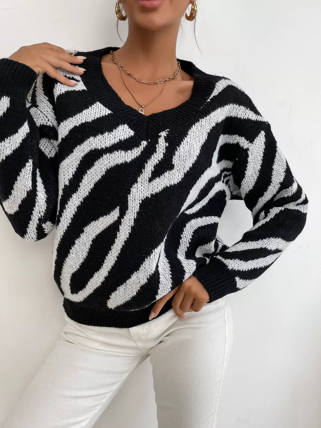 Zebra Print Relaxed Fit Pullover Sweater - Lilixa.store