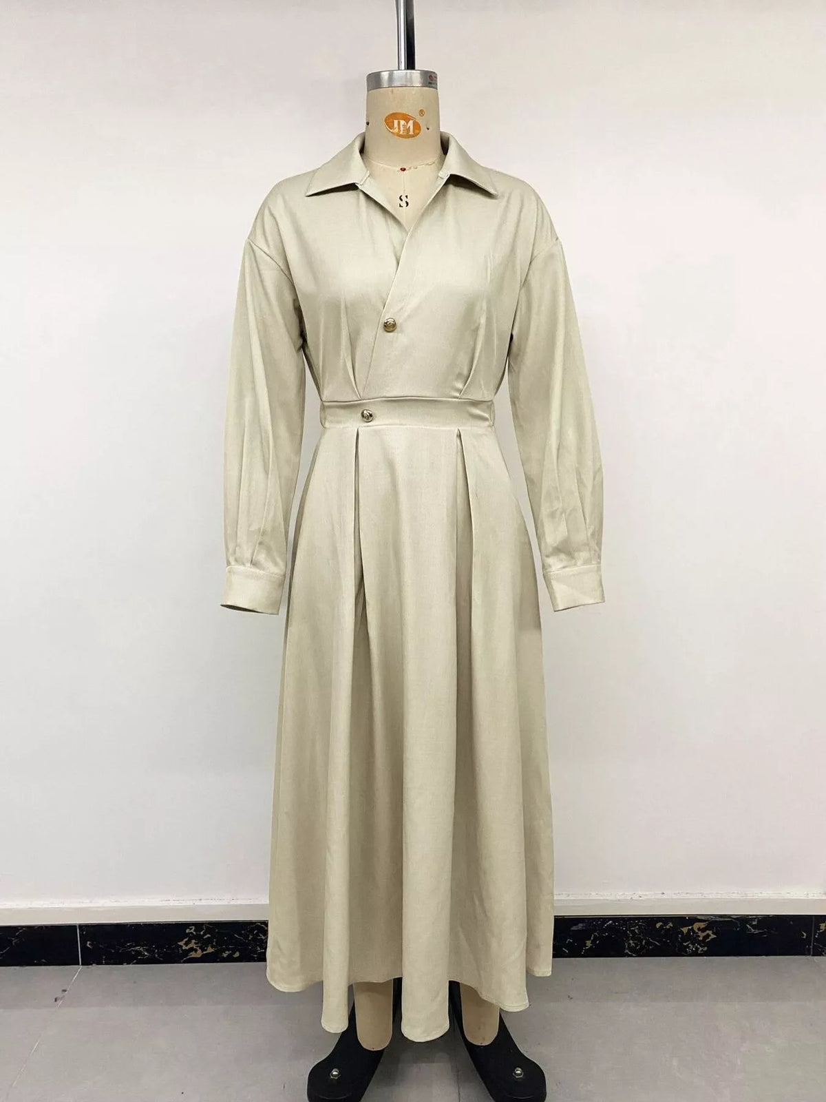Pleated Button Detail Long Sleeve Shirt Dress