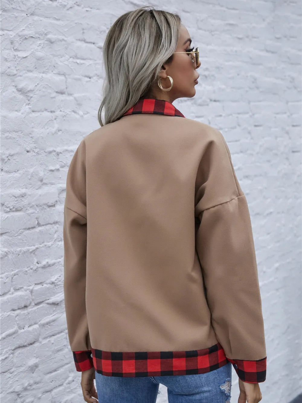 Plaid Trim Long Sleeve Jacket - Lilixa.store