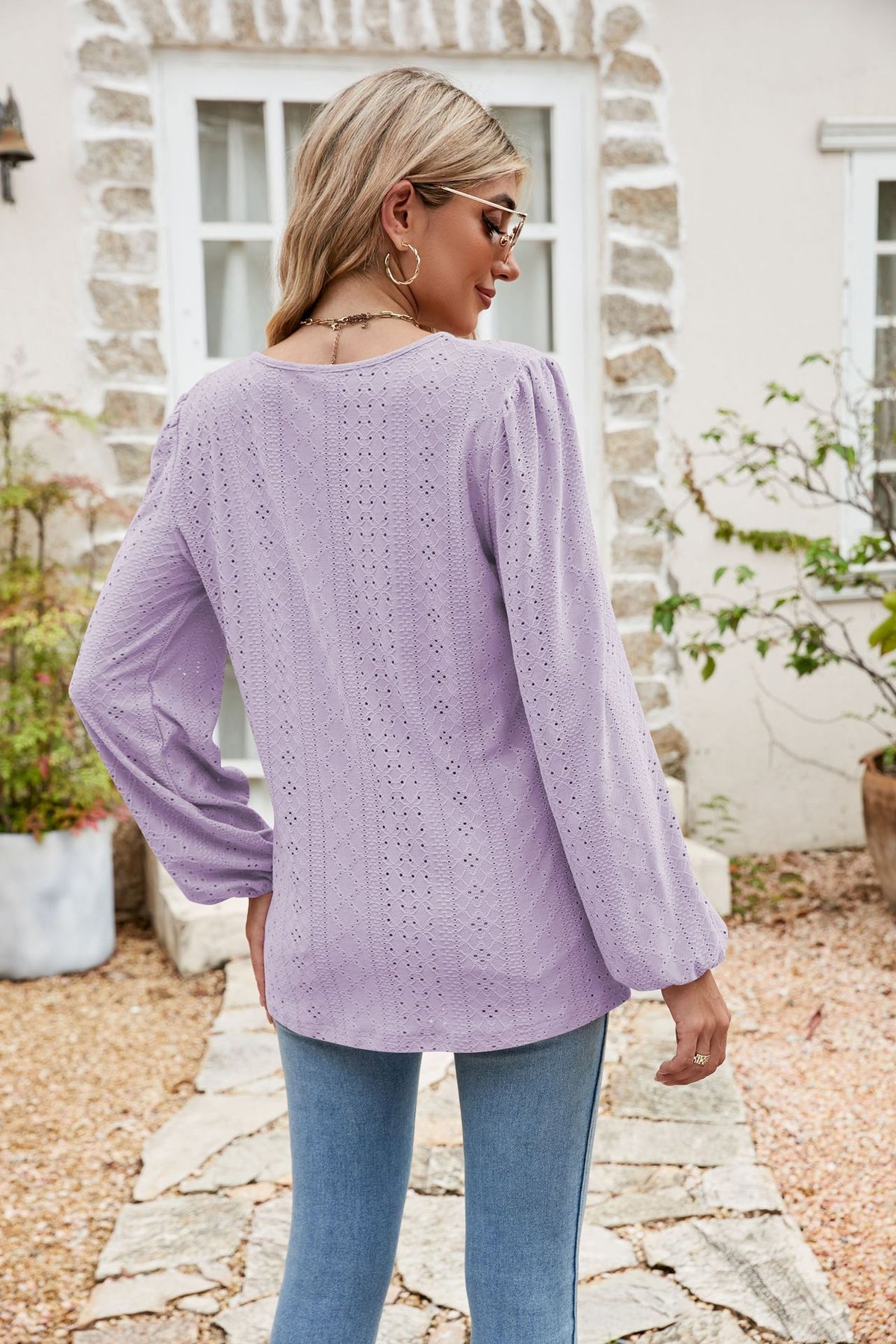 Eyelet Notched Neck Balloon Sleeve Blouse, view 12