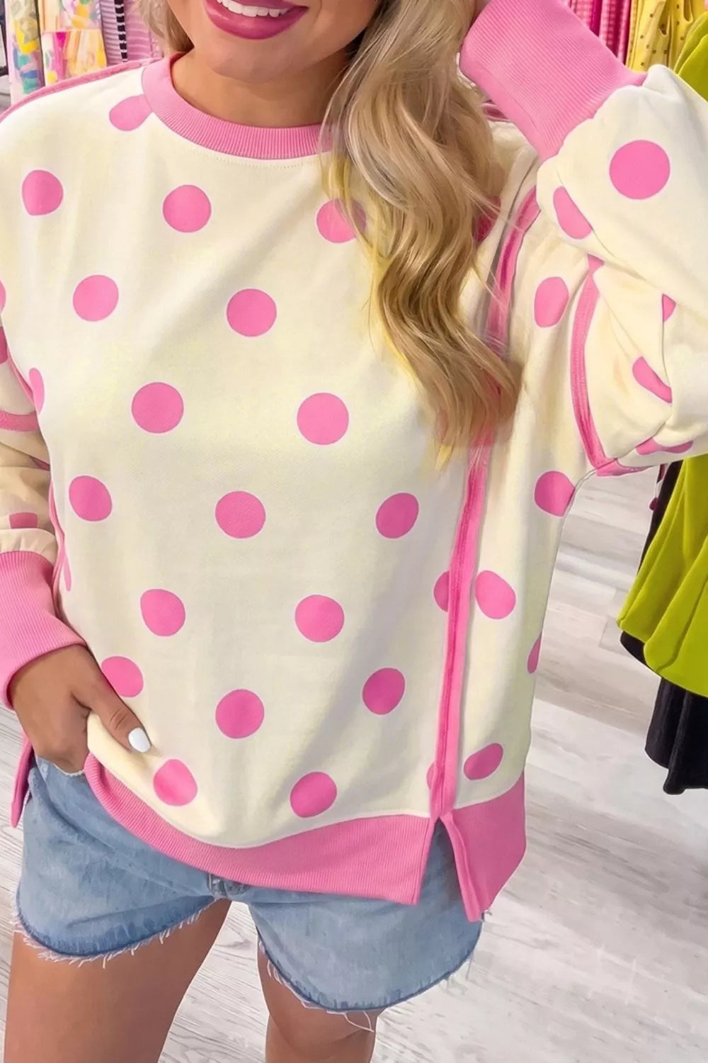 Polka Dot Crew Neck Sweatshirt - Lilixa.store