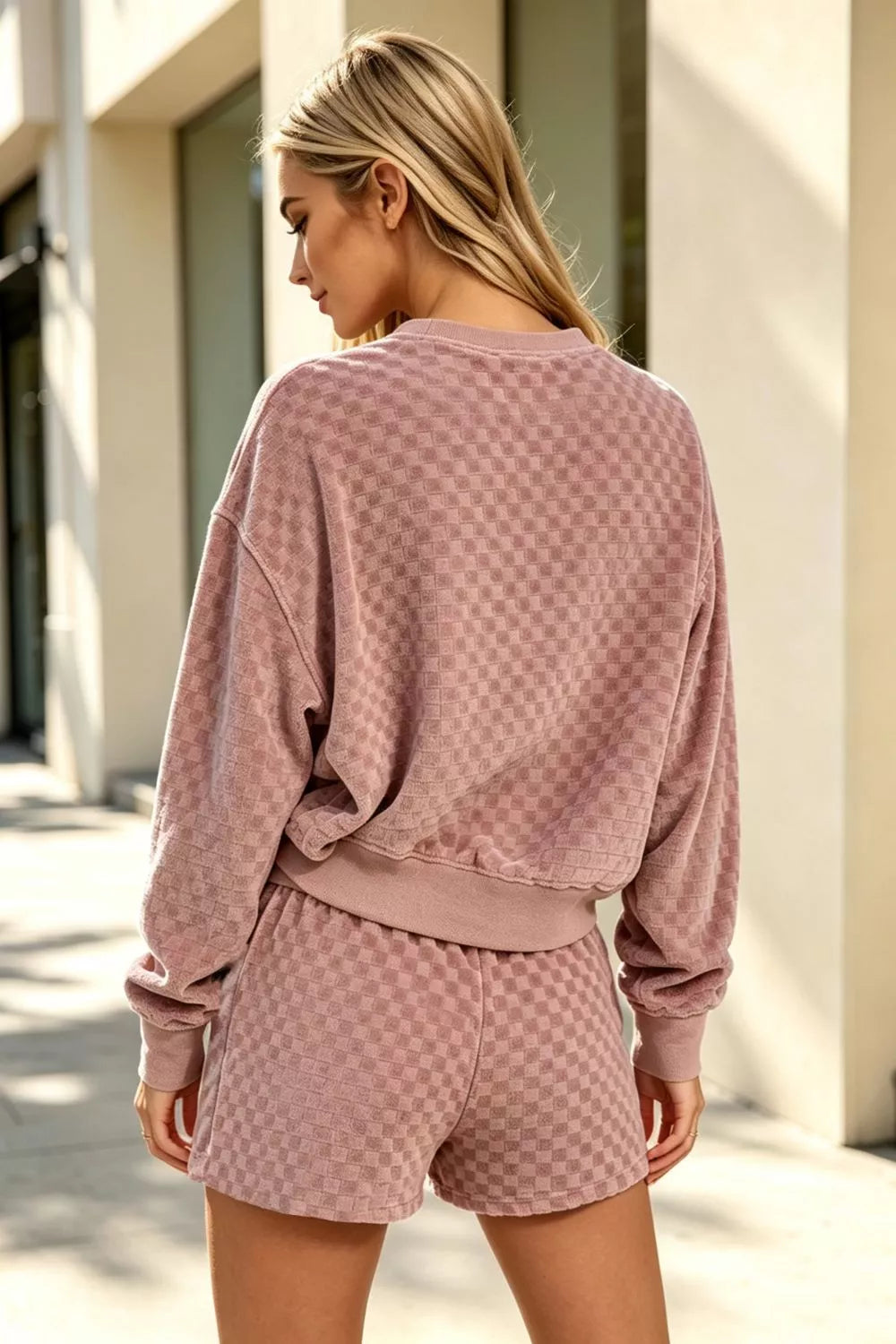 Oh Full Size Checkered Crewneck Cropped Sweatshirt and Elastic Waist Shorts Set Plus Size - Lilixa.store