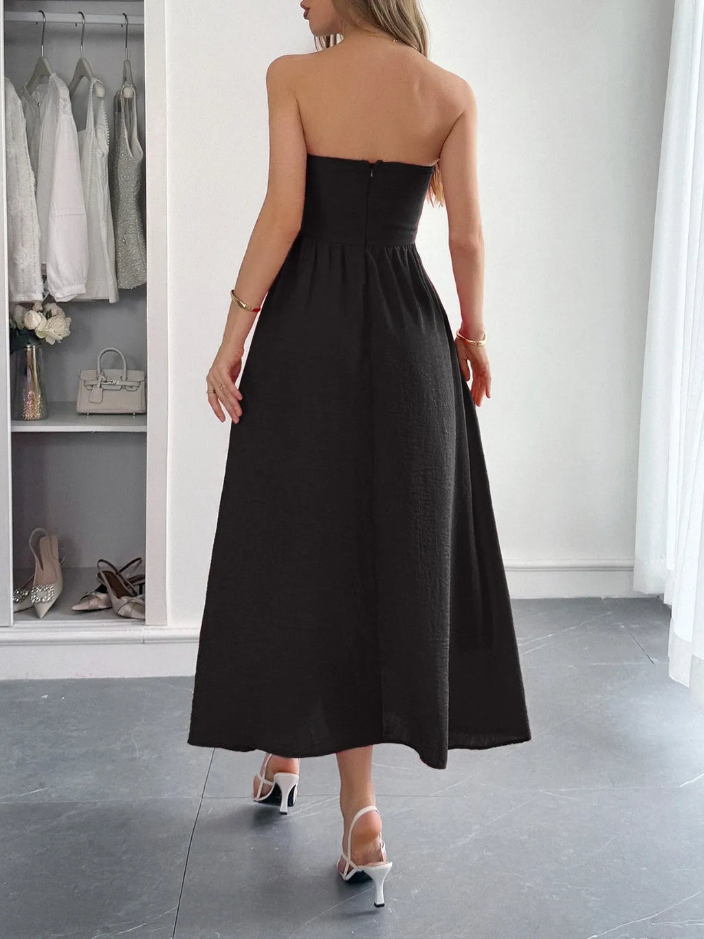 Strapless A-Line Midi Dress with Pockets - Lilixa.store