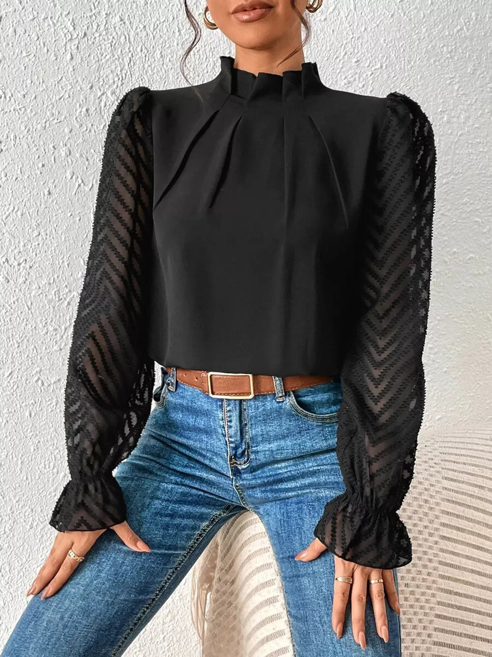 Mock Neck Flounce Sleeve Blouse - Lilixa.store