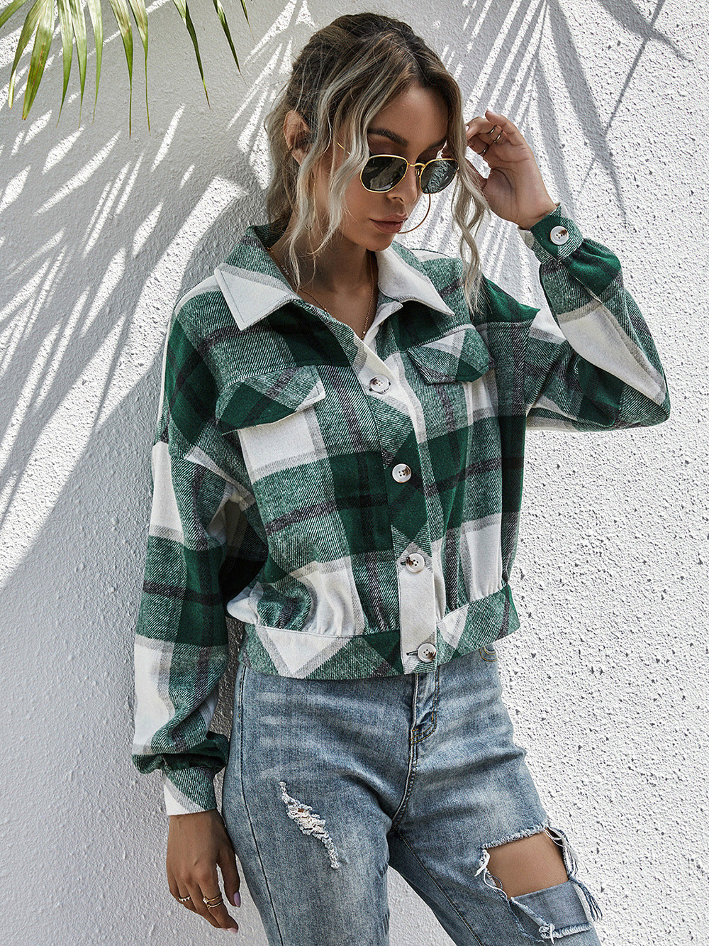 Ivy Lane Plaid Dropped Shoulder Shirt Jacket in Dark Green, view 5