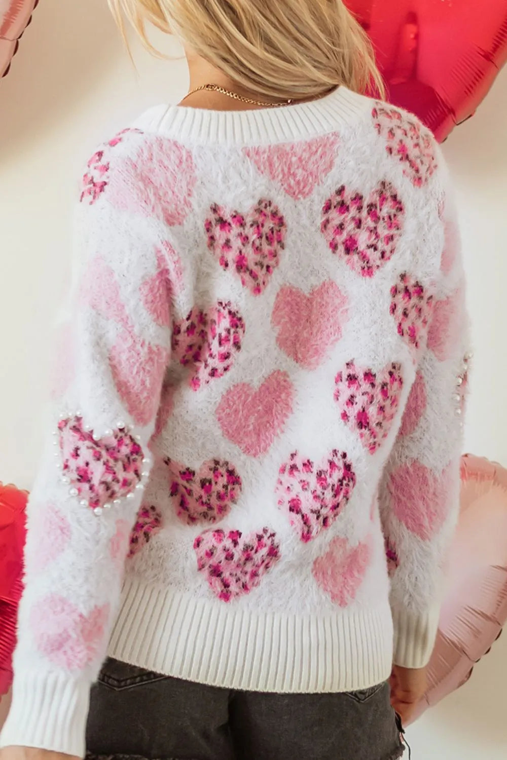 Pearl Detail Heart Round Neck Sweater - Lilixa.store