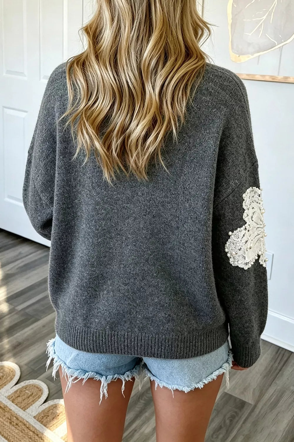 Pearl Embellished Floral Dropped Shoulder Sweater - Lilixa.store
