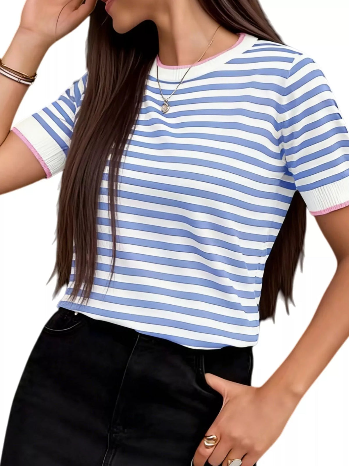 Contrast Trim Striped Short Sleeve Knit Top - Lilixa.store