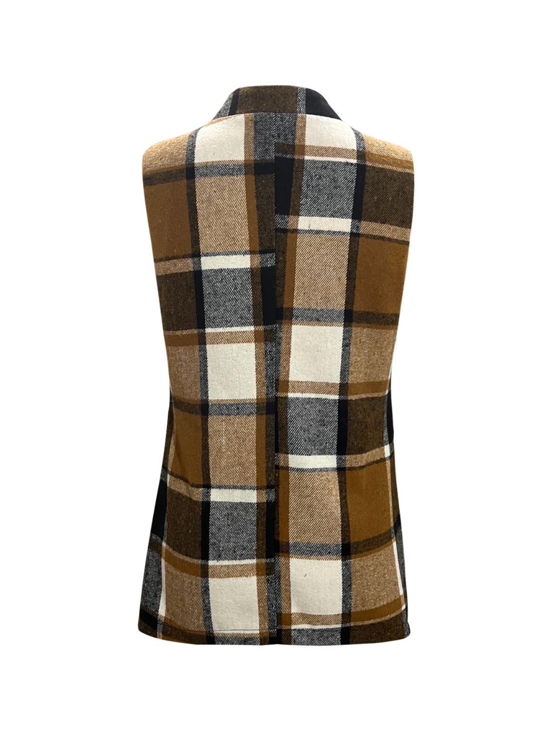 Plaid Open Front Collared Neck Vest in Camel, view 3