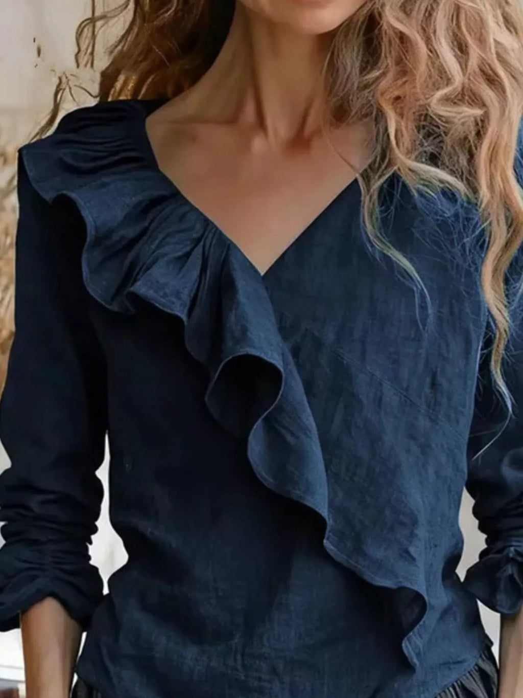 V-Neck Ruffled Long Sleeve Blouse - Lilixa.store