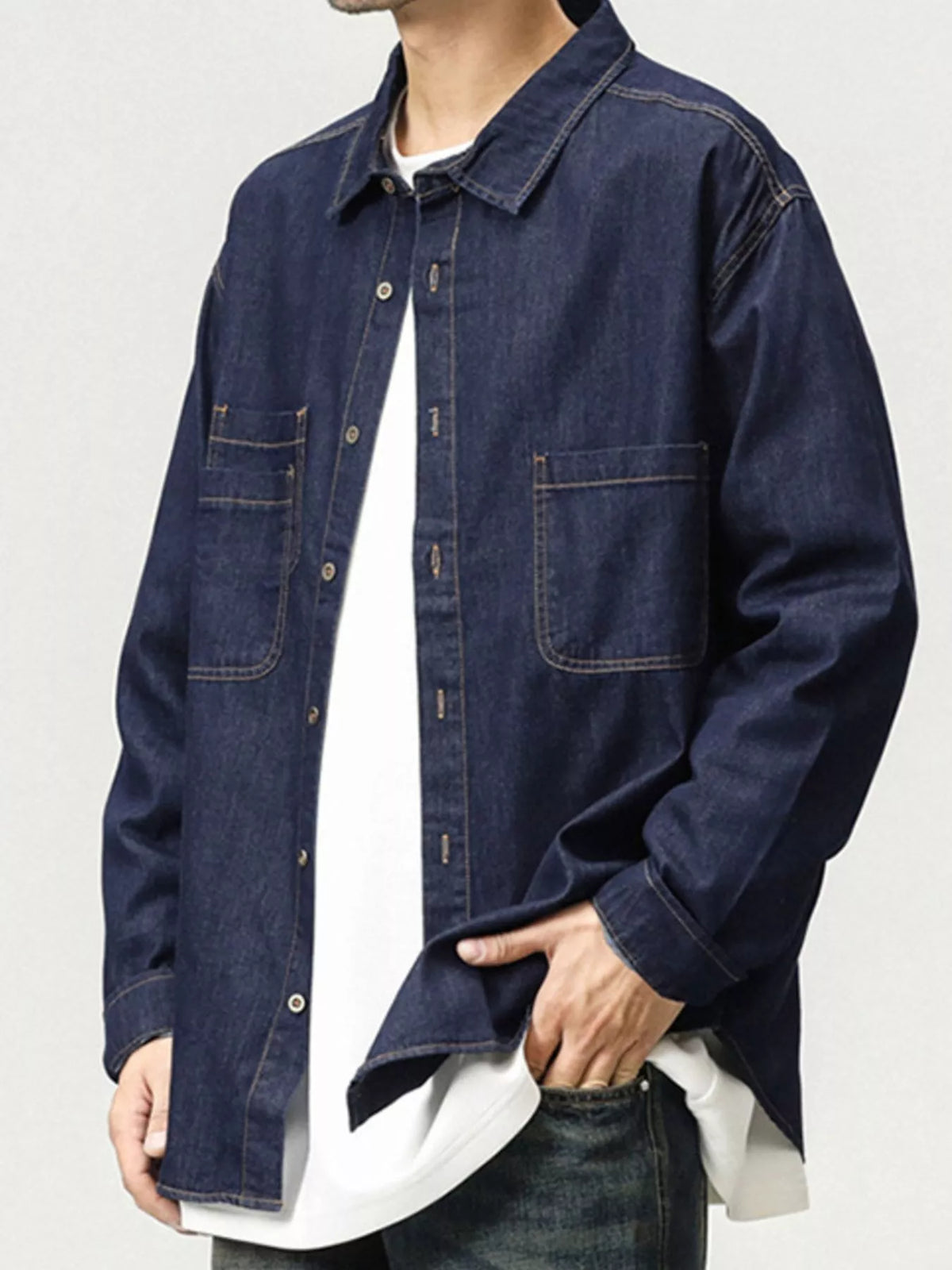 Men's Plus Size Button Up Long Sleeve Denim Shirt - Lilixa.store
