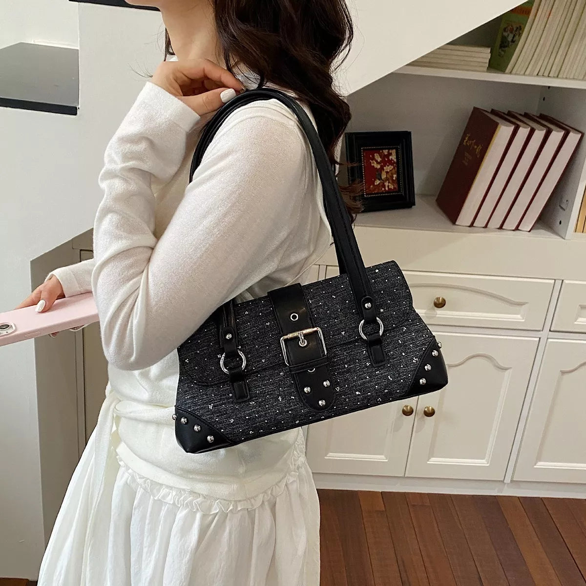 Studded Shoulder Bag with Buckle Detail - Lilixa.store