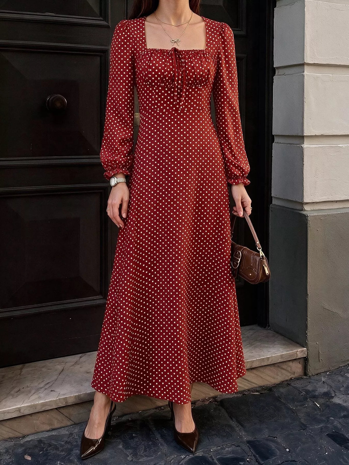 Square Neck Polka Dot Long Sleeve Maxi Dress - Lilixa.store
