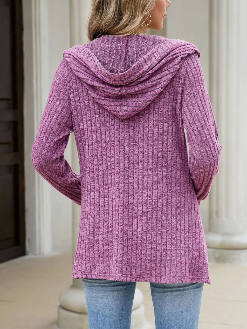 Ribbed Knit Hooded Button-Down Cardigan - Lilixa.store