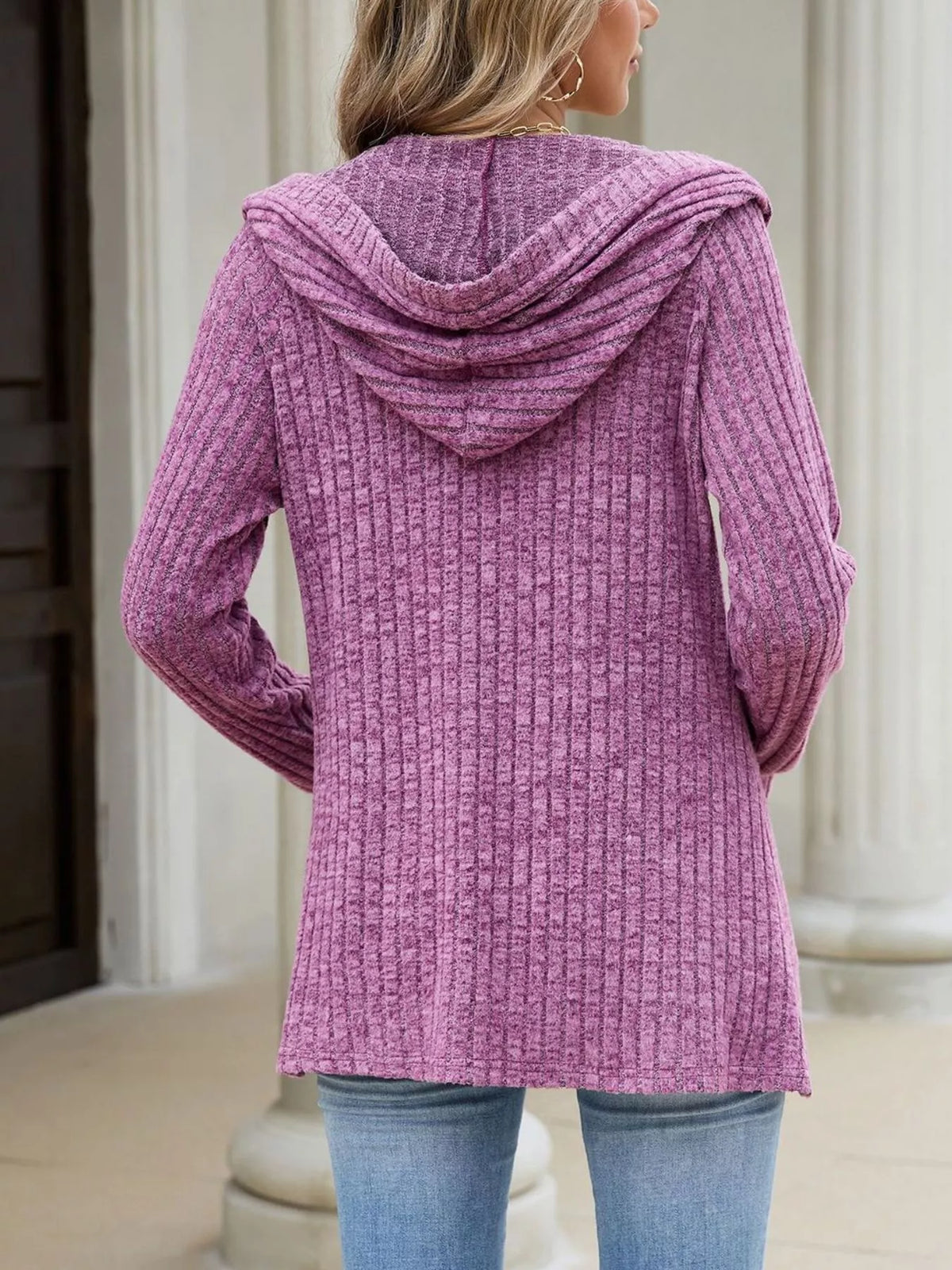 Ribbed Knit Hooded Button-Down Cardigan - Lilixa.store