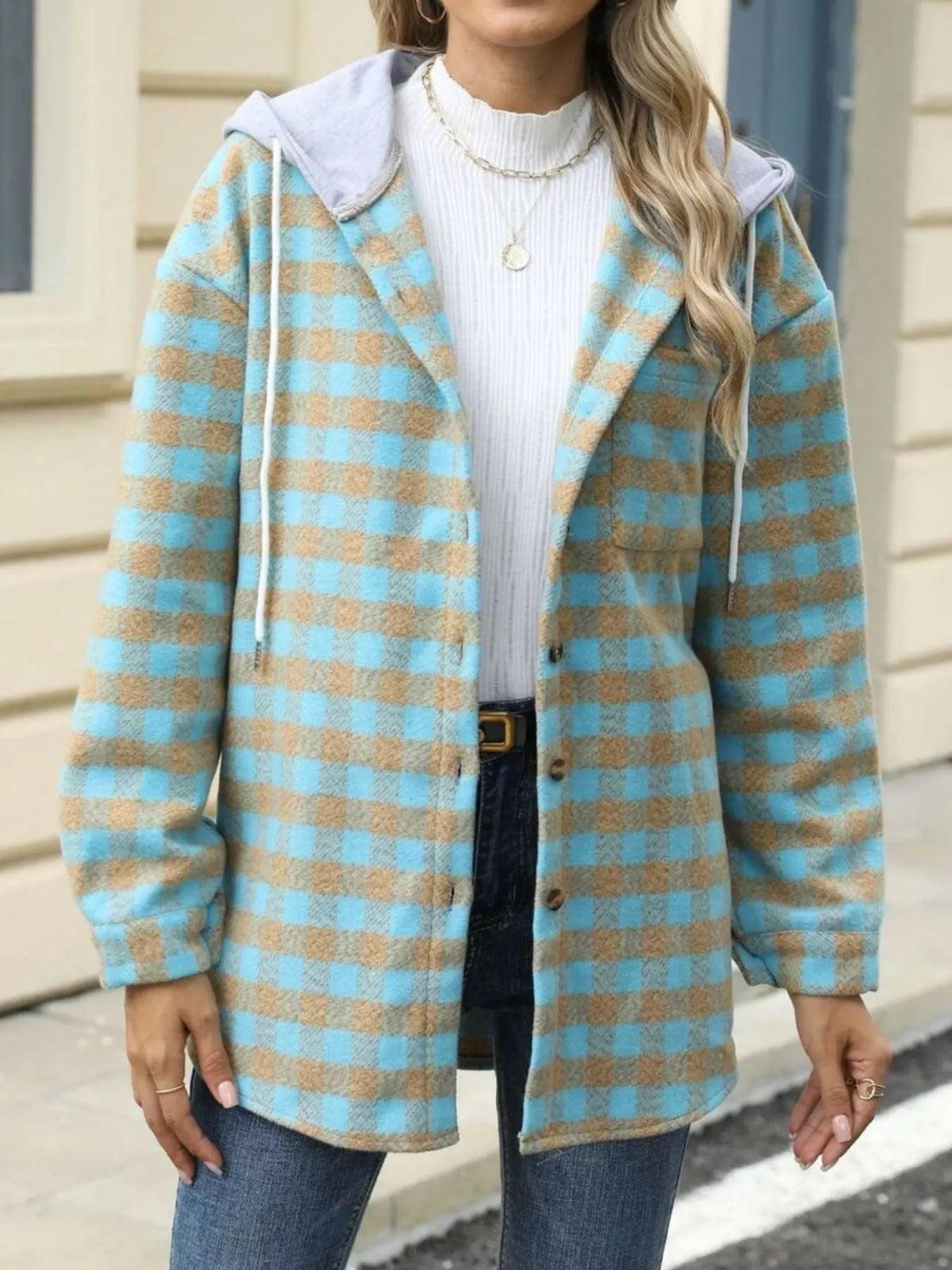 Plaid Button Up Long Sleeve Drawstring Hooded Jacket in Light Green