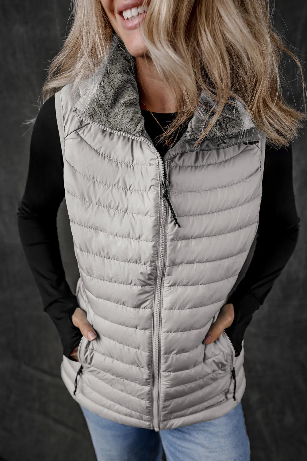 Pocketed Zip Up Vest Coat in Gray