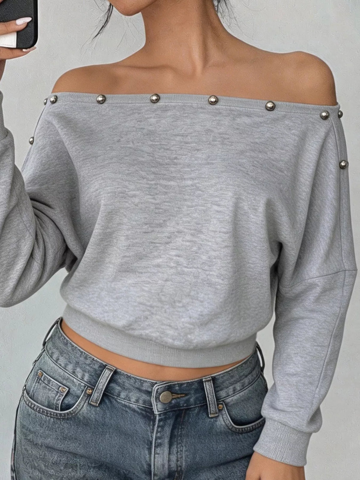 Studded Off Shoulder Long Sleeve T-Shirt