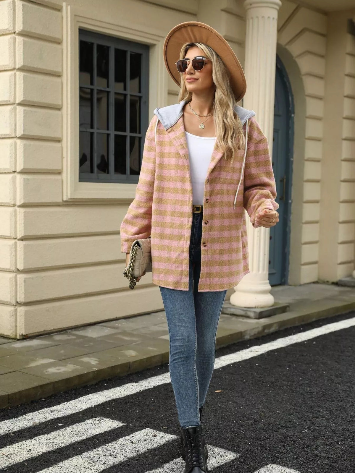 Plaid Button Up Long Sleeve Drawstring Hooded Jacket, view 14