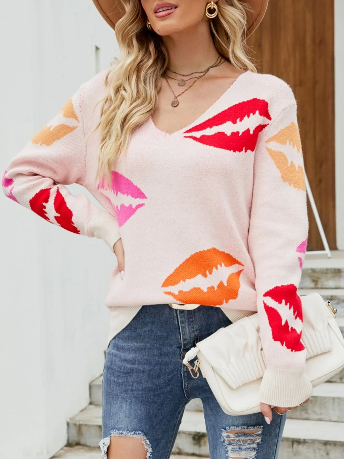 Colorful Lips V-Neck Sweater - Lilixa.store