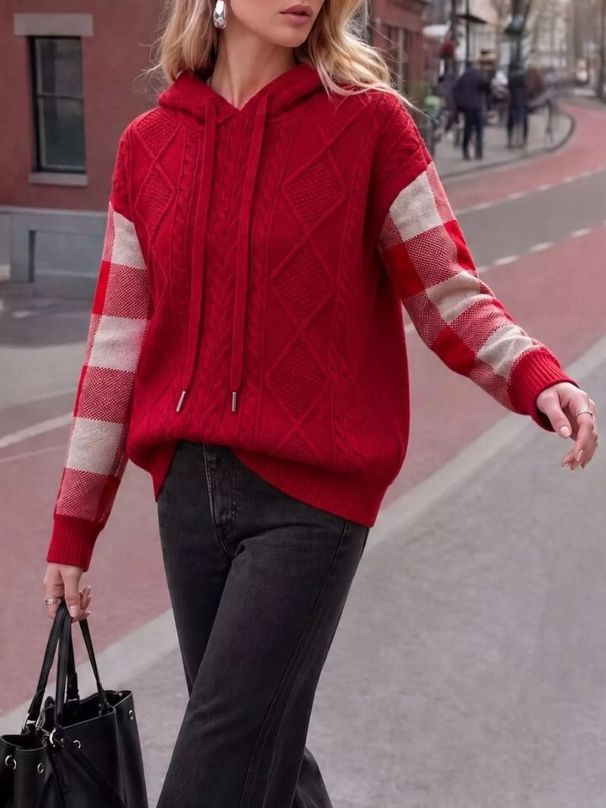 Cable-Knit Plaid Sleeves Hooded Sweater