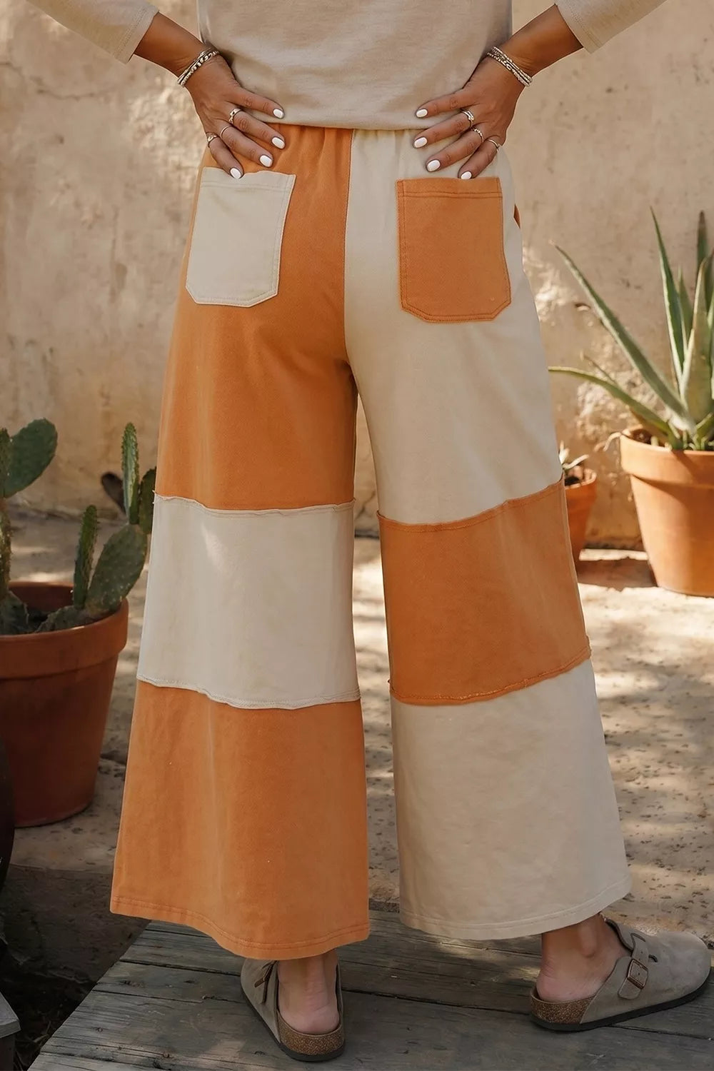 Raw Seam Colorblock Wide Leg Ankle Length Casual Pants - Lilixa.store