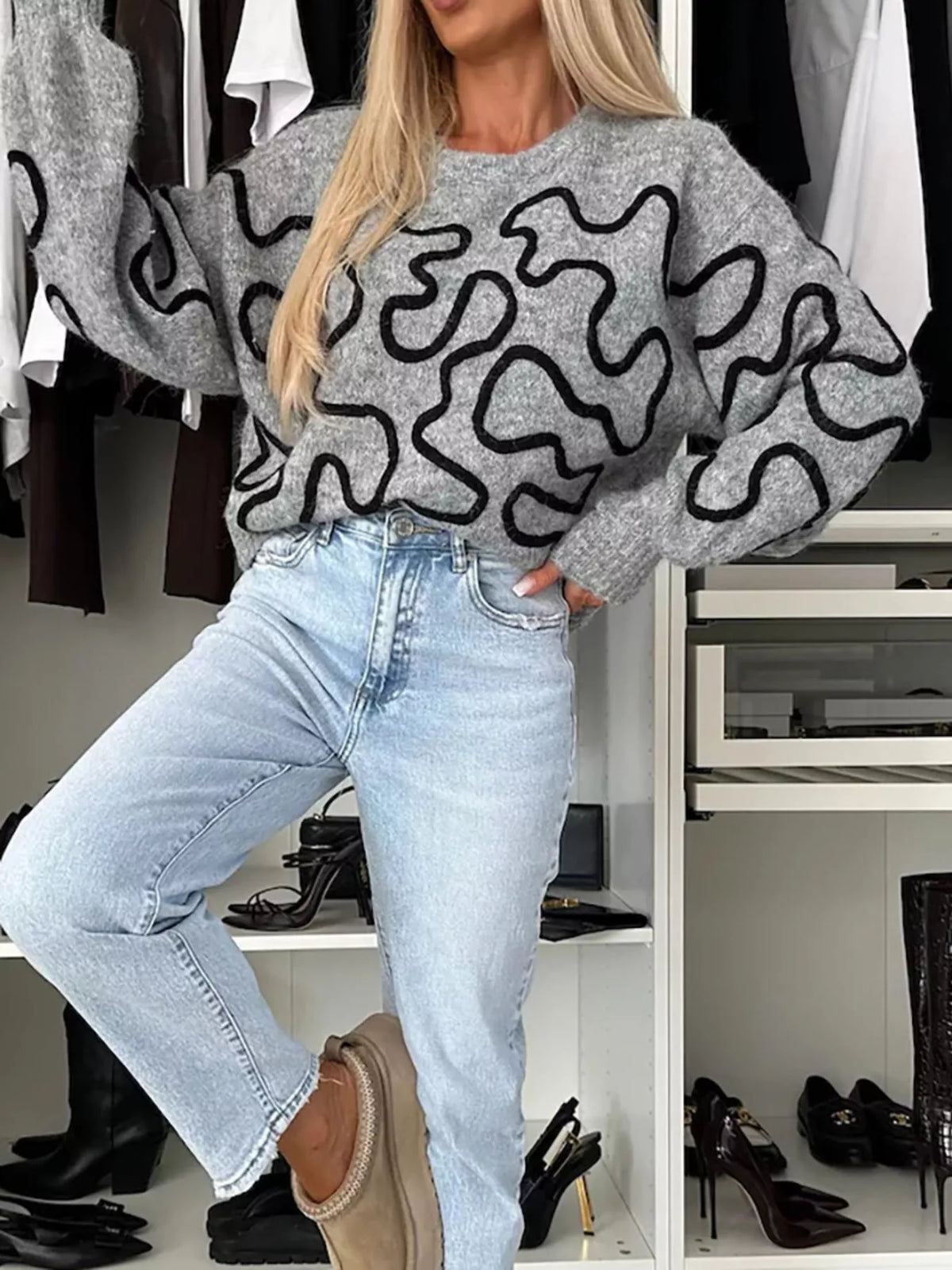 Abstract Pattern Oversized Round Neck Sweater, view 6
