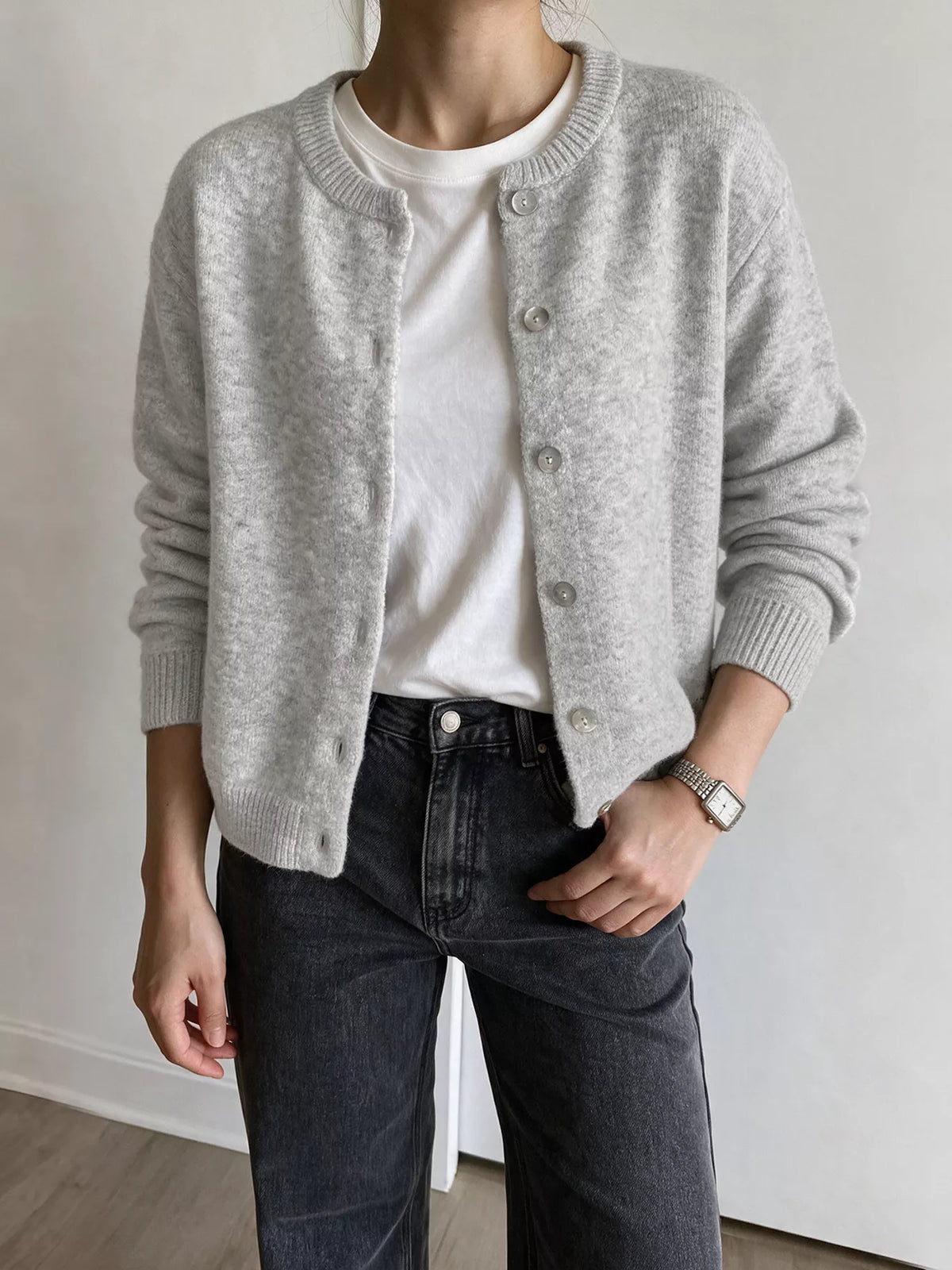 Crew Neck Button-Down Cardigan in Gray/white, view 3
