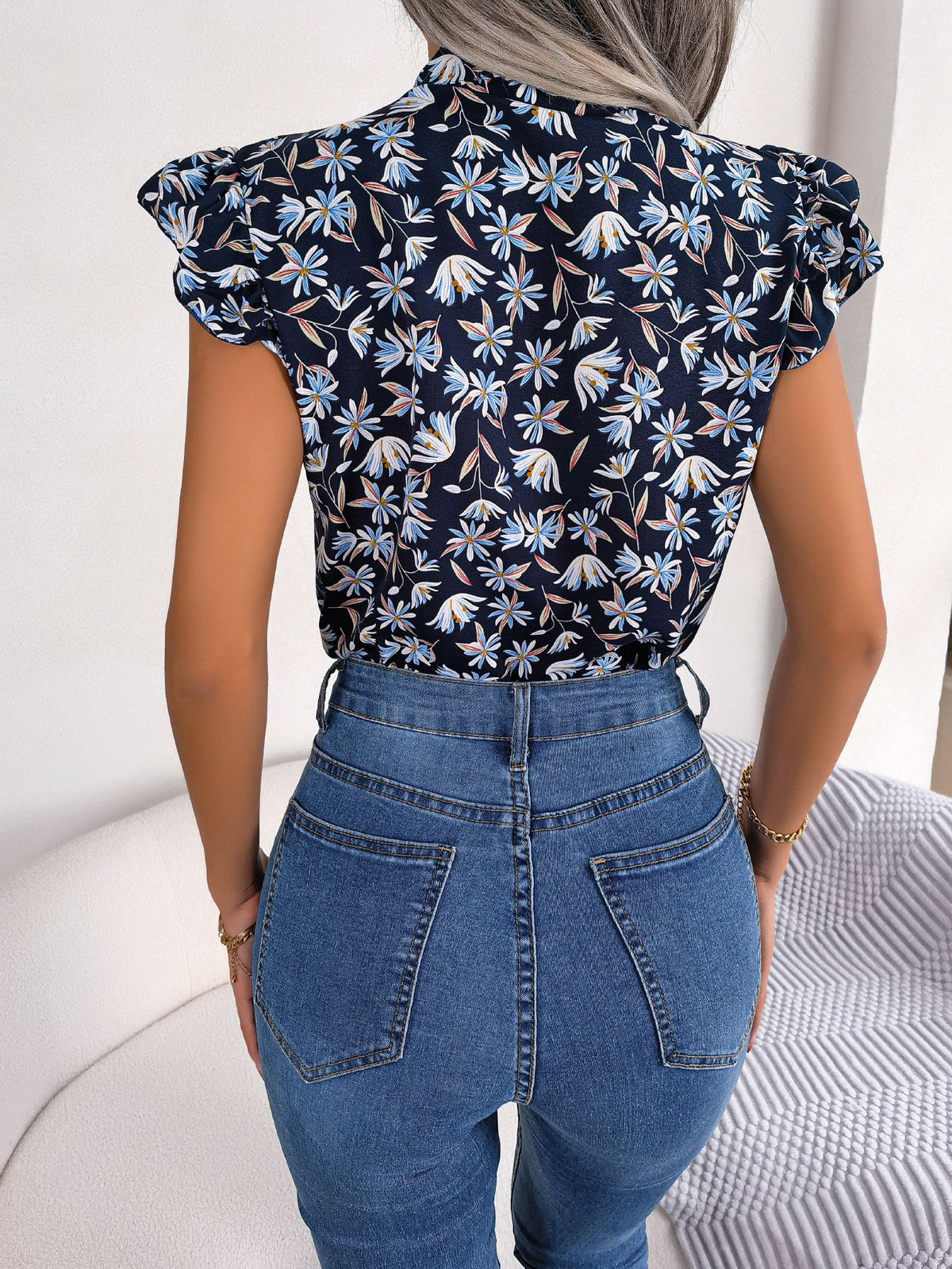 Floral Tie Neck Flutter Sleeve Blouse - Lilixa.store