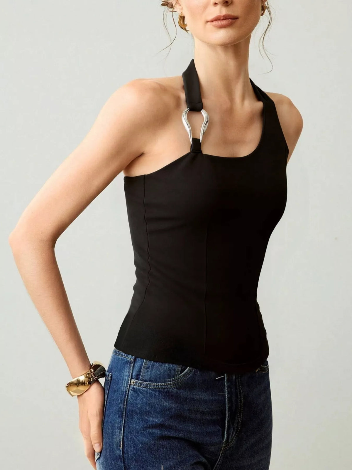 Halter Neck Tank with Metallic Ring Detail