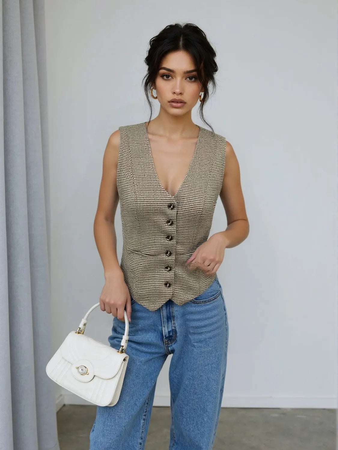 Plaid Button Down Vest in Mocha, view 3