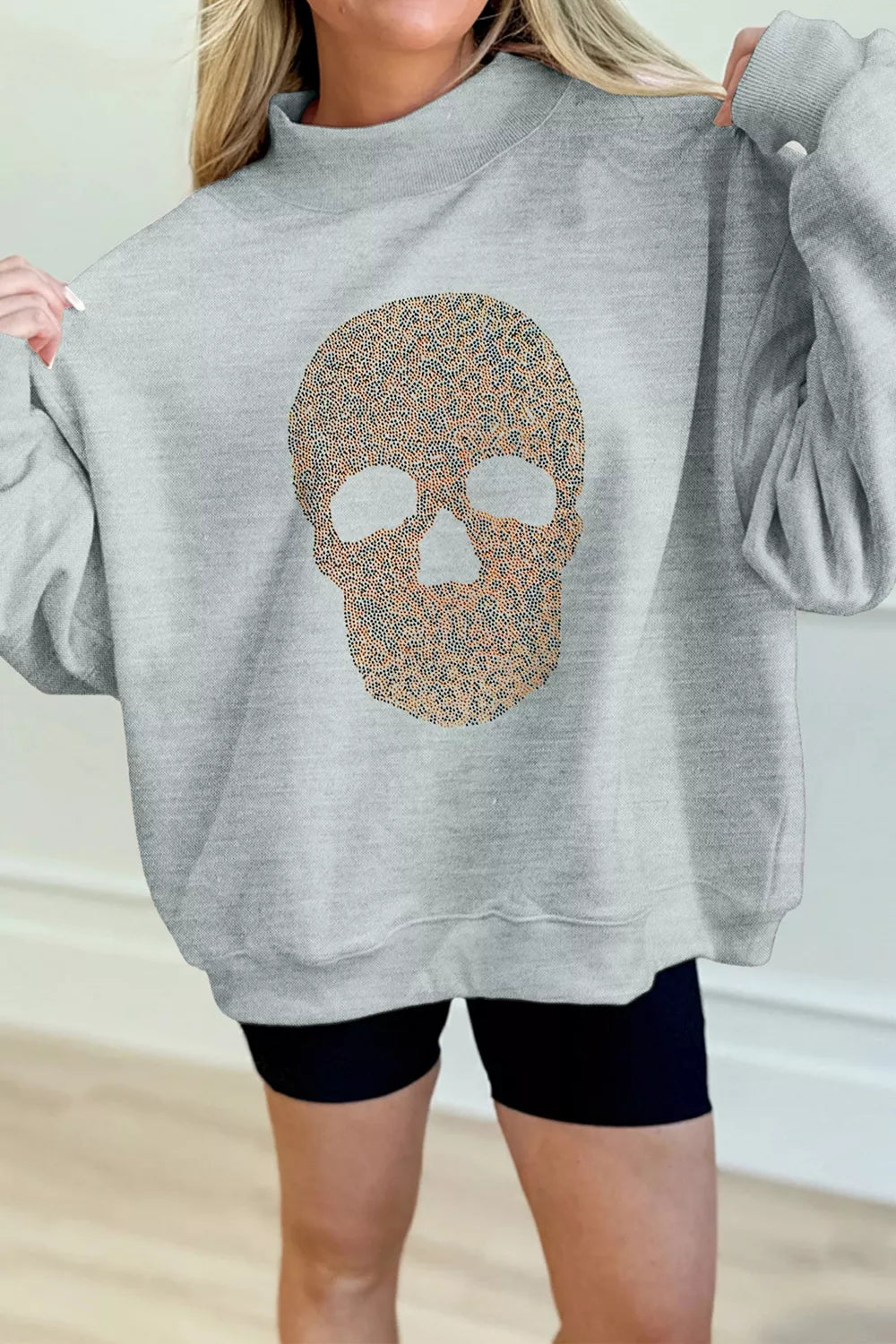 Halloween Rhinestone Skull Graphic Mock Neck Baggy Pullover Sweatshirt - Lilixa.store