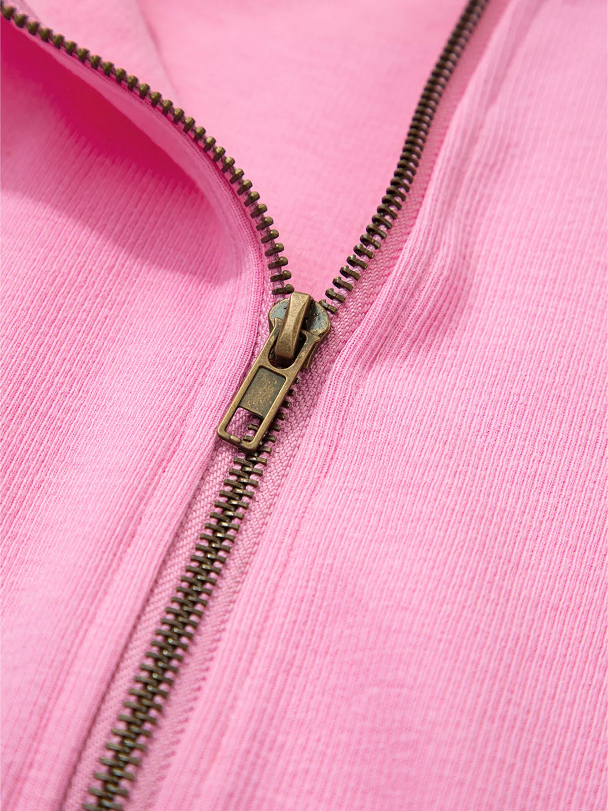 Solid Color Ribbed Zip Up Drawstring Hooded Jacket in Pink, view 7