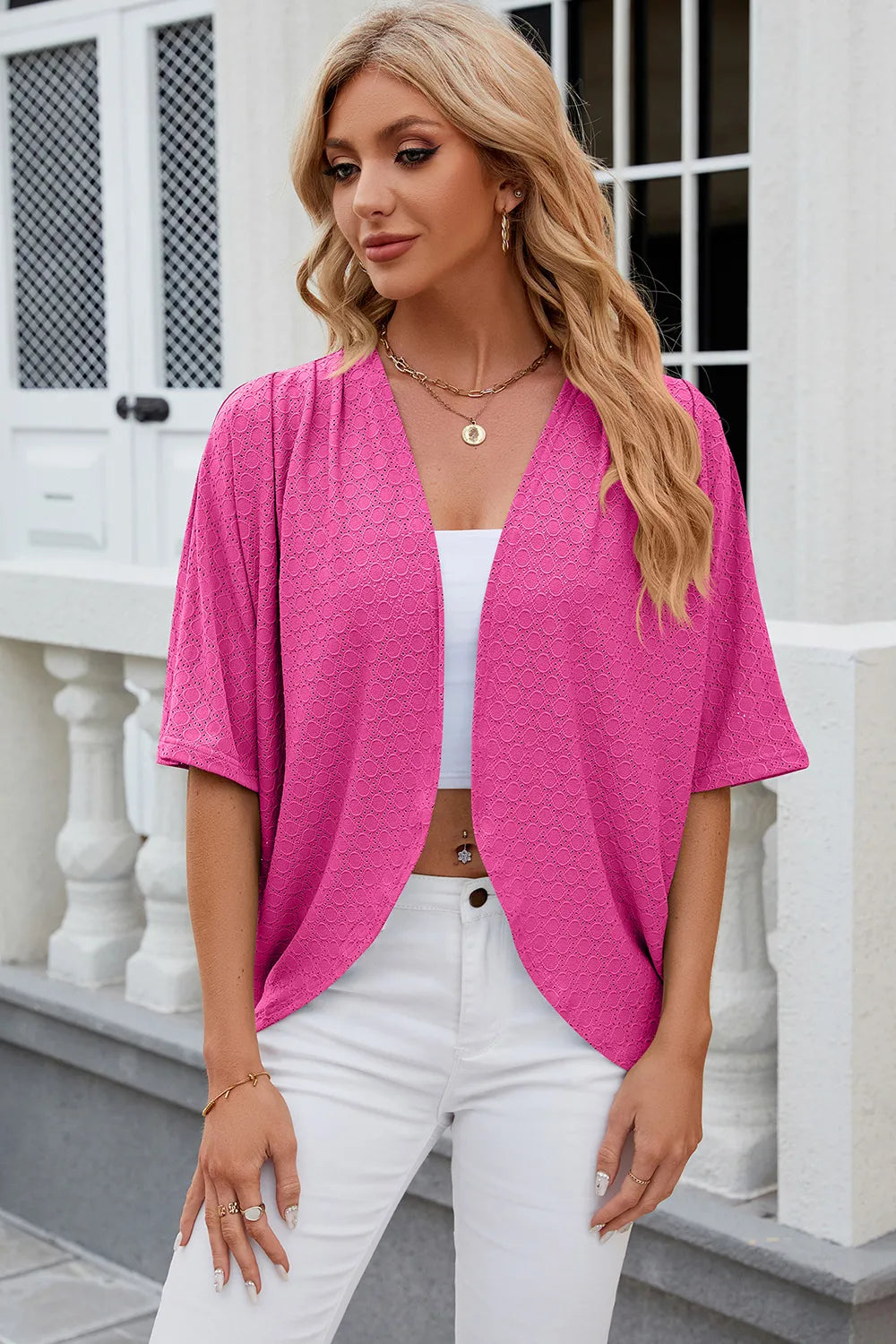 Eyelet Open Front Half Sleeve Cardigan - Lilixa.store