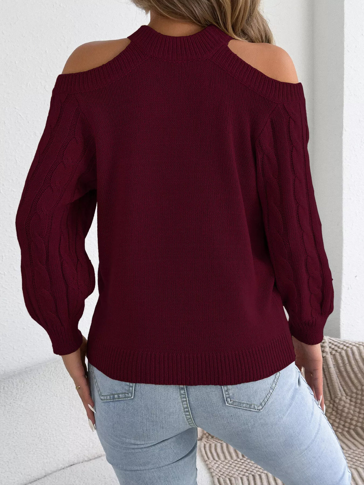 Cold Shoulder Cable Knit Sweater