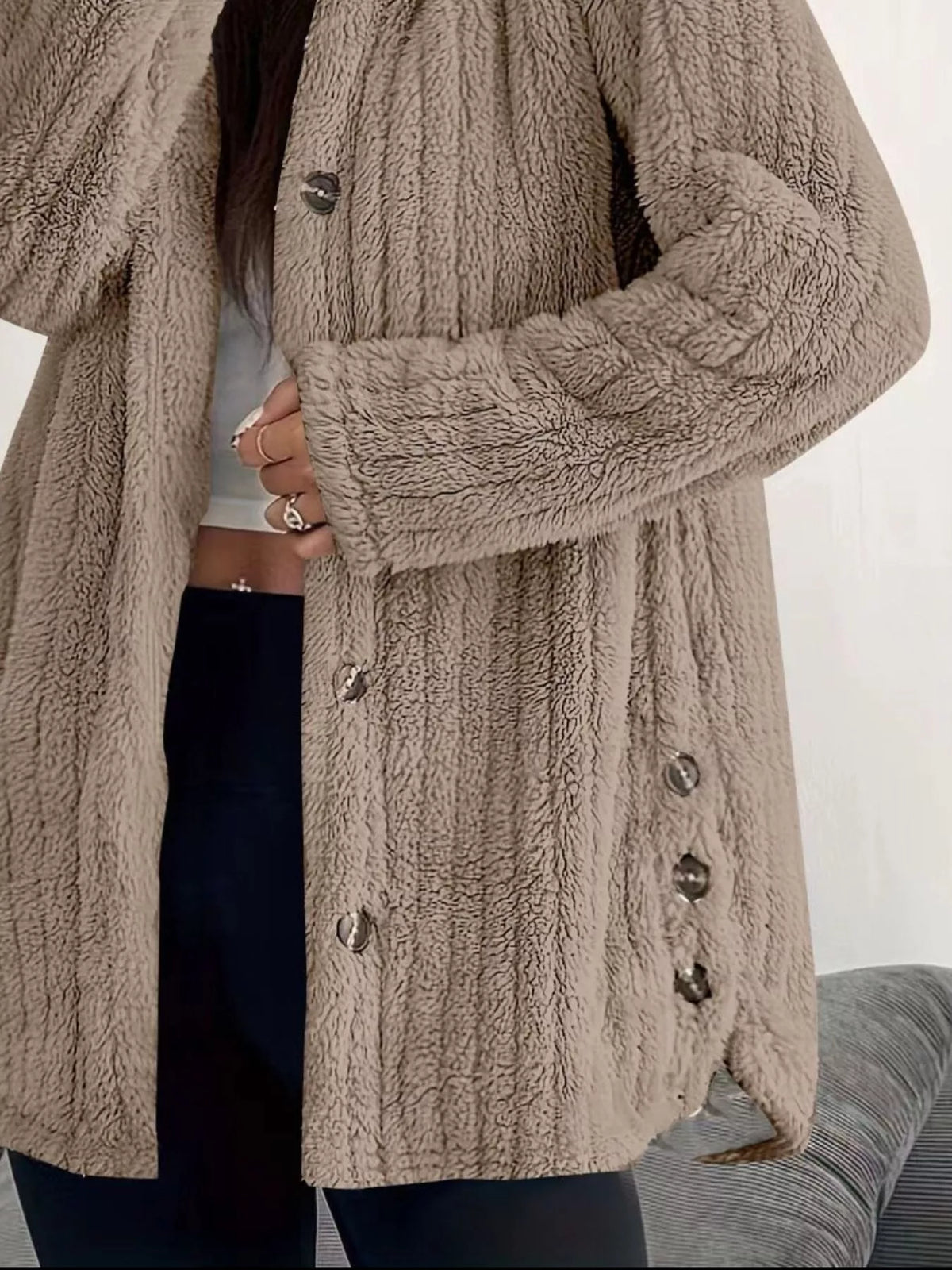 Full Size Fleece Button Up Hooded Outerwear Plus Size, view 6