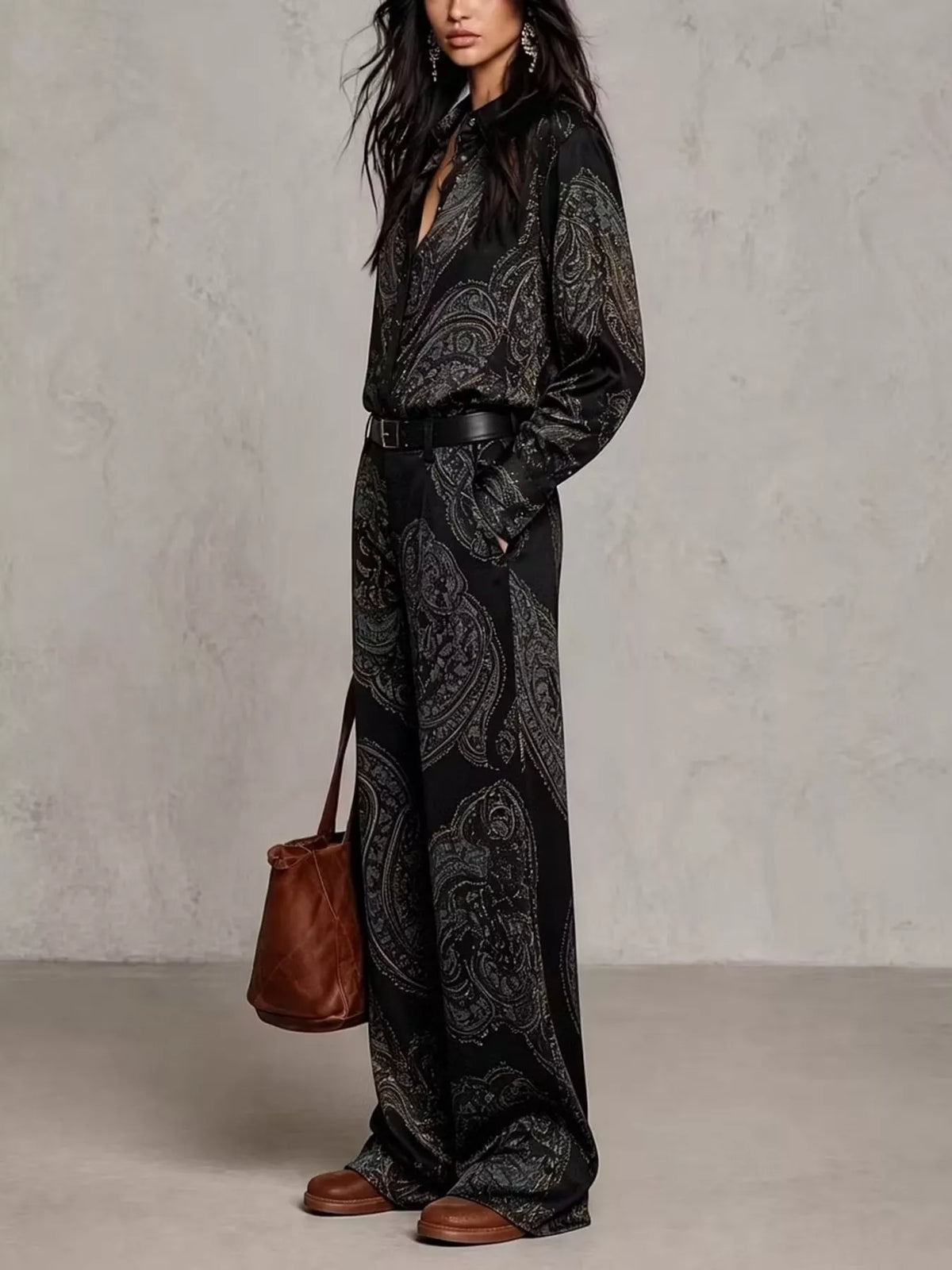 Paisley Print Long Sleeve Shirt and Wide-Leg Pants Set