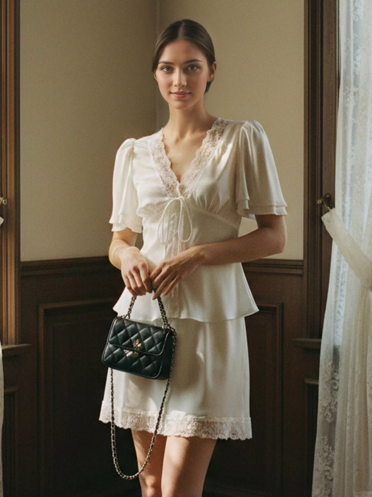 Lace Detail Short Sleeve Top and Skirt Set, view 2