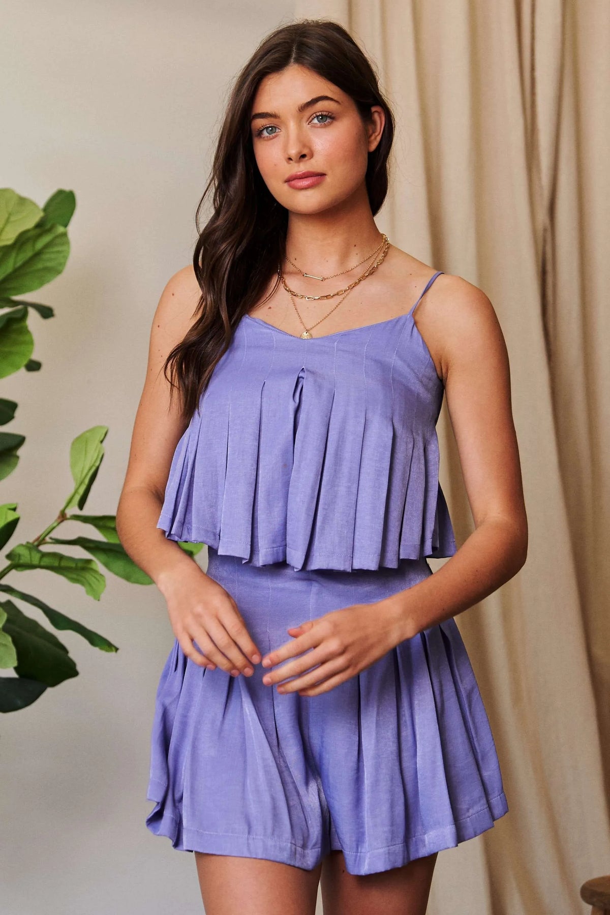 Davi & Dani Pleated Body Elastic Back Babydoll Strappy Top - Lilixa.store