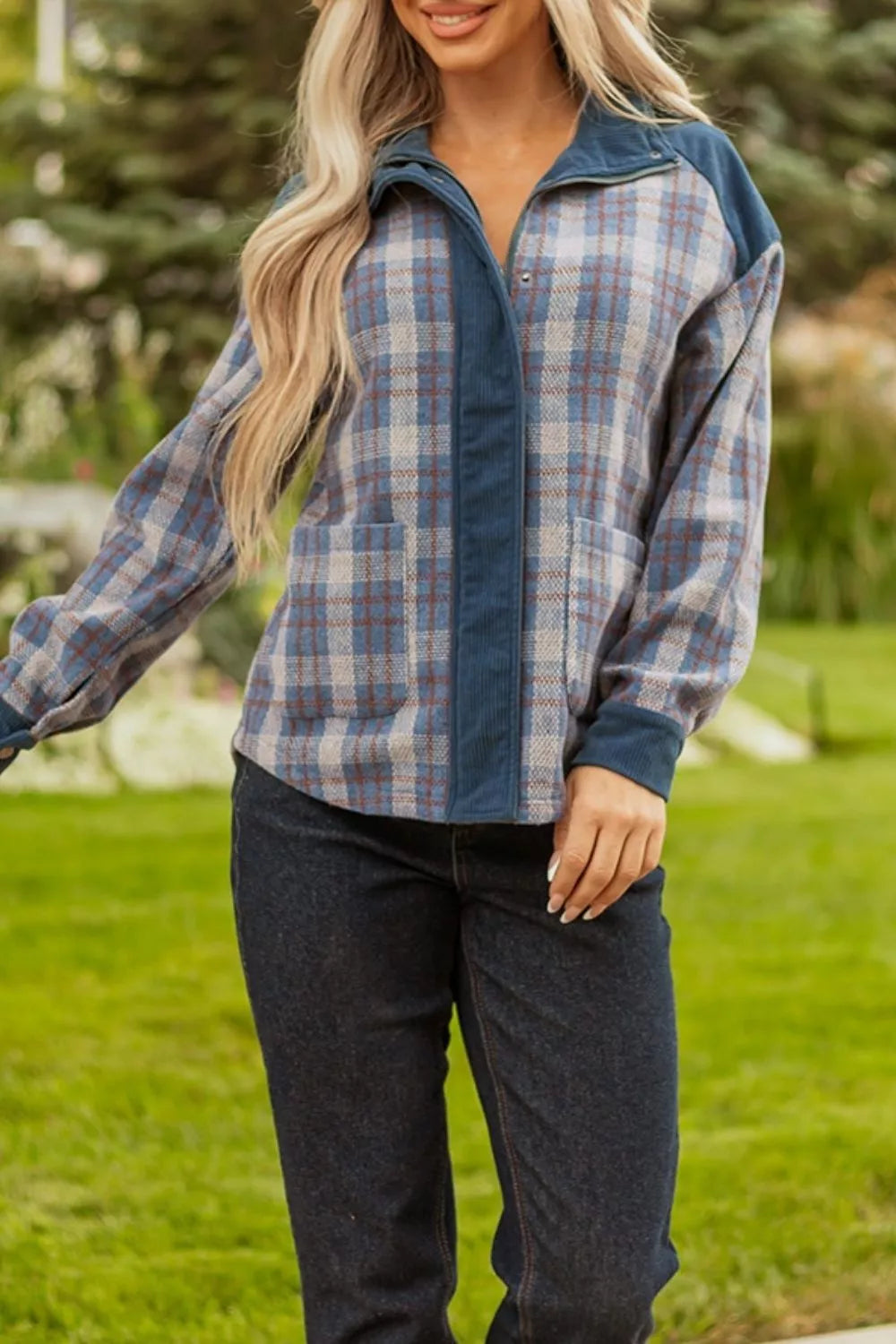 Plaid Corduroy Patchwork Collared Zip Up Snap Button Jacket, view 8