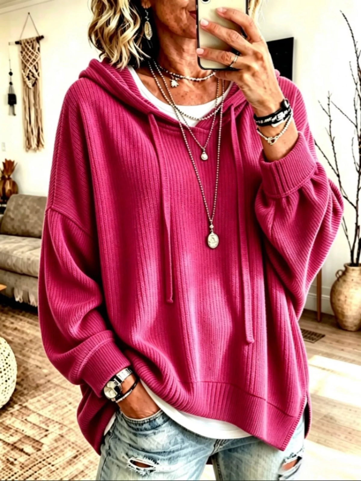 Drawstring Ribbed Knit Hoodie - Lilixa.store