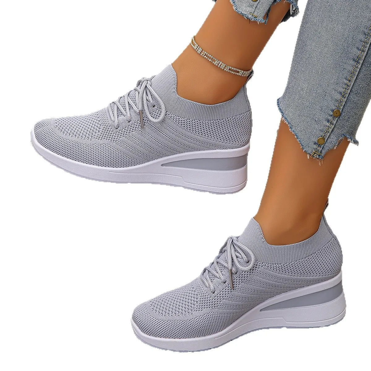 Mesh Lace Up Wedge Athletic - Lilixa.store